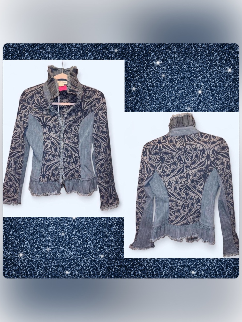 Tendresse et Passion Paisley-Patterned Blue Denim Style Jacket with Fringe Trim